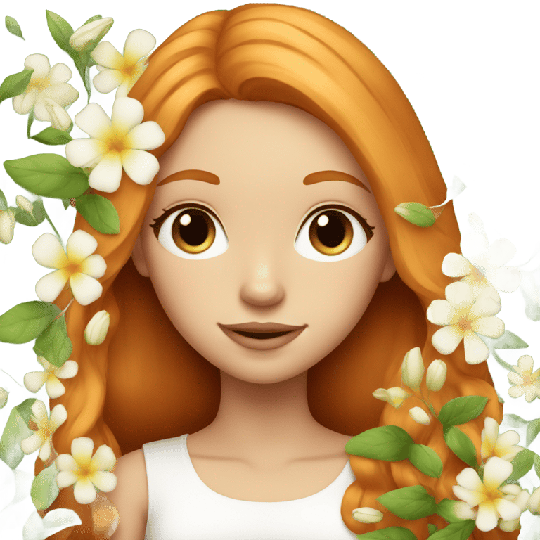 genmoji : Une fille rousse et blanche aux cheveux parfaits et raides avec des fleurs.