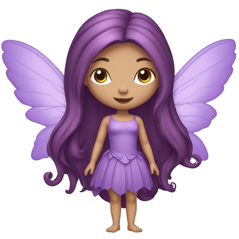 genmoji : Une fée aux cheveux prune longs en queue de cheval, à la peau claire, aux lèvres pulpeuses et aux sourcils arqués. Ses ailes sont plus grandes, plus larges et plus pointues. Elle porte une robe et un pantalon violets.