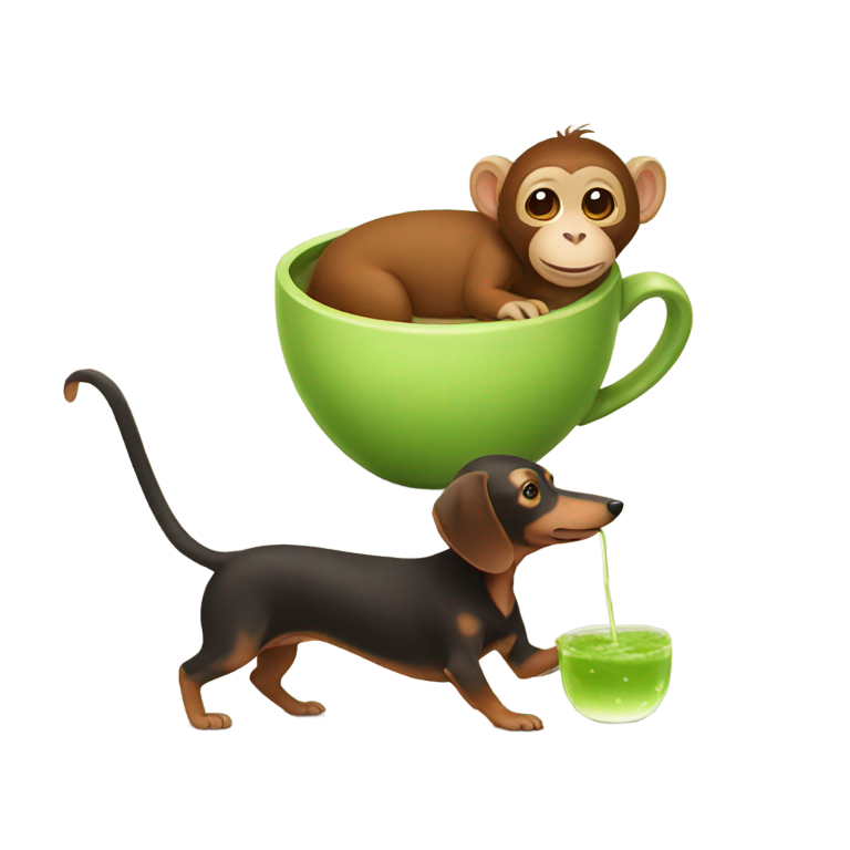 genmoji：一只猴子喝着抹茶，遛着一只达克斯猎犬。