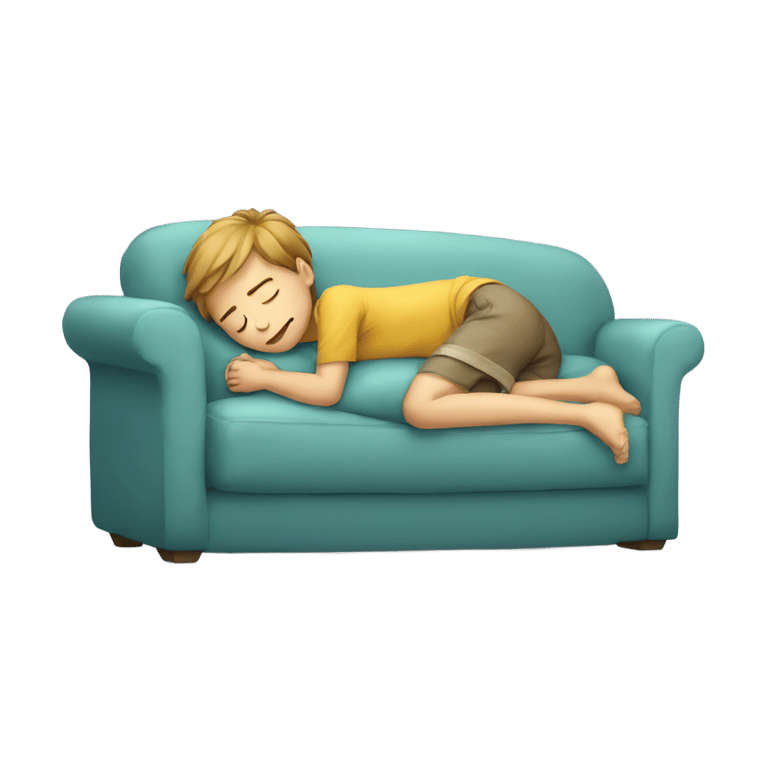 genmoji : Boy with full stomach lying of sofa drowsy