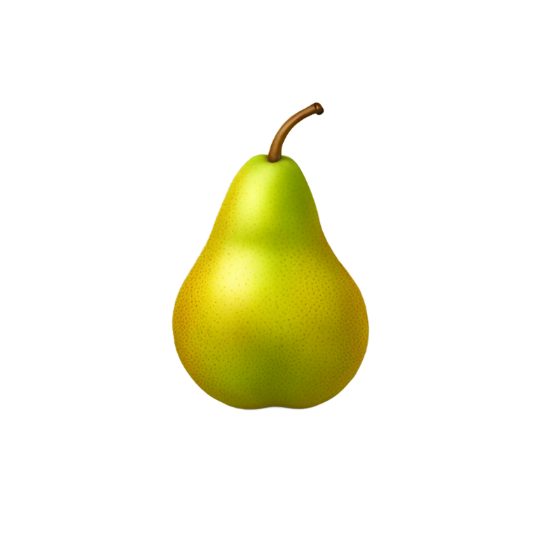 絵文字：リアルな熟した梨。緑黄色の皮に茶色の斑点、涙滴形、短い茎。自然光、シンプルな背景。