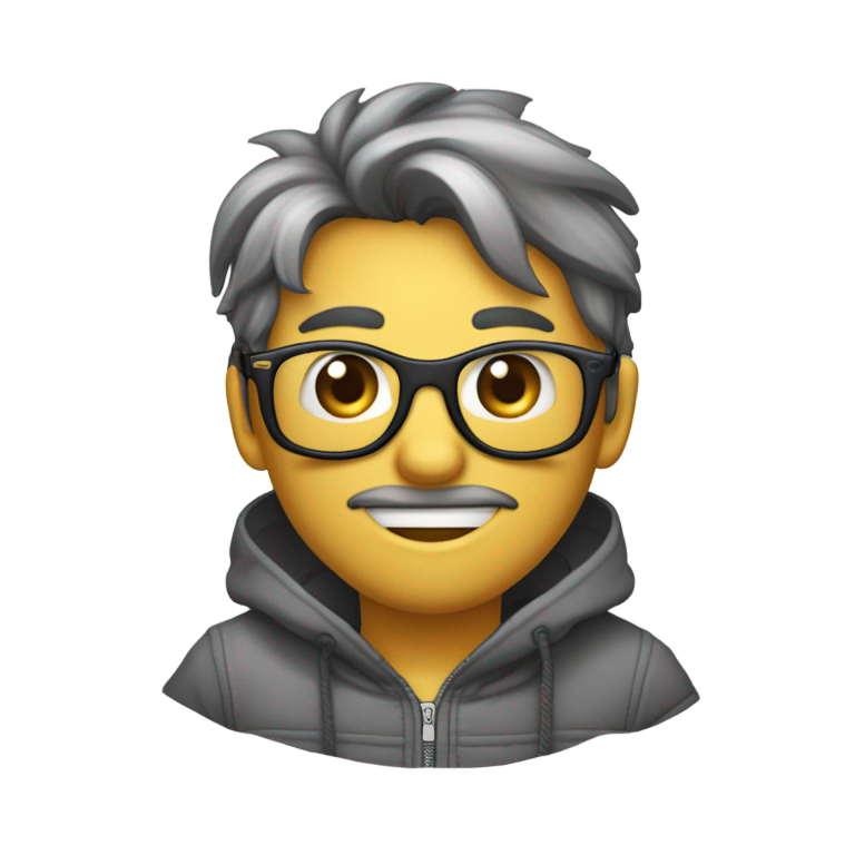 genmoji：一个戴眼镜的高瘦男子，黑发前倾遮额。穿着灰色拉链毛衣，脸上有很多痘痘，牙齿参差不齐且前突。