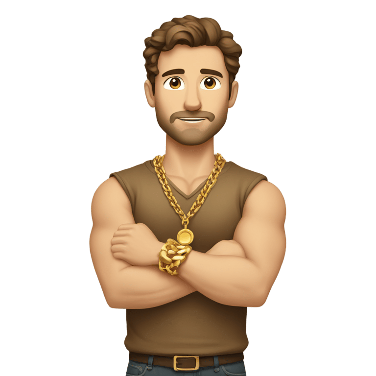 genmoji : Homme caucasien aux cheveux bruns, fort, sans barbe, portant une chemise dorée, des chaînes en or et des bracelets dorés, les bras croisés.