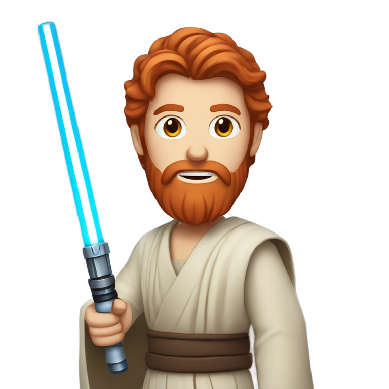 genmoji: Red headed Bearded jedi with blue light saber