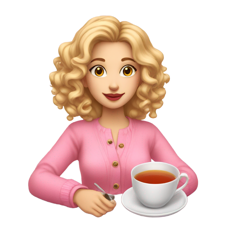 genmoji : Une jolie fille avec un cardigan rose et une jupe, des boucles blondes, buvant du thé.