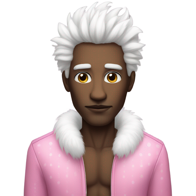genmoji : Un homme grand et mince avec une fourrure blanche et beaucoup de poils sur la poitrine, des taches de fourrure rose, un œil noir et l'autre rose.