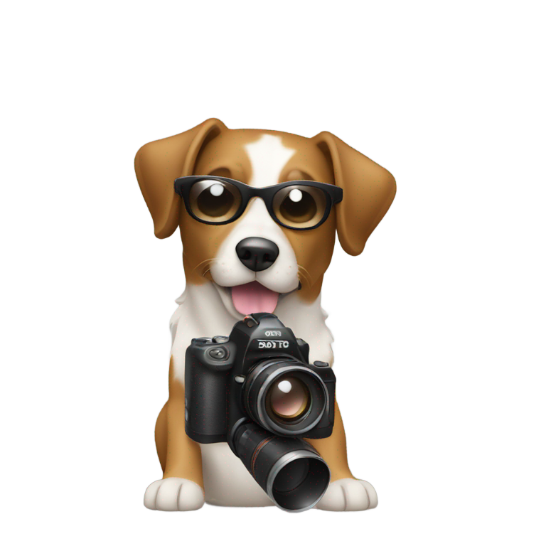 prompt: A dog holding a profesional photography cam de dog has brown hair and sunglasses