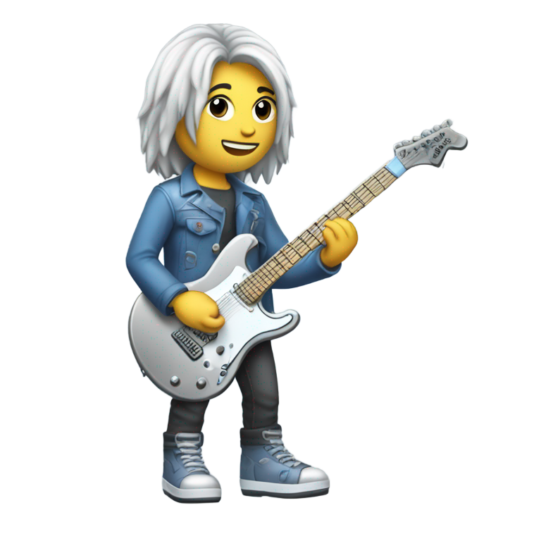 genmoji：银色带浅蓝色调的电吉他，全身视图，非特写