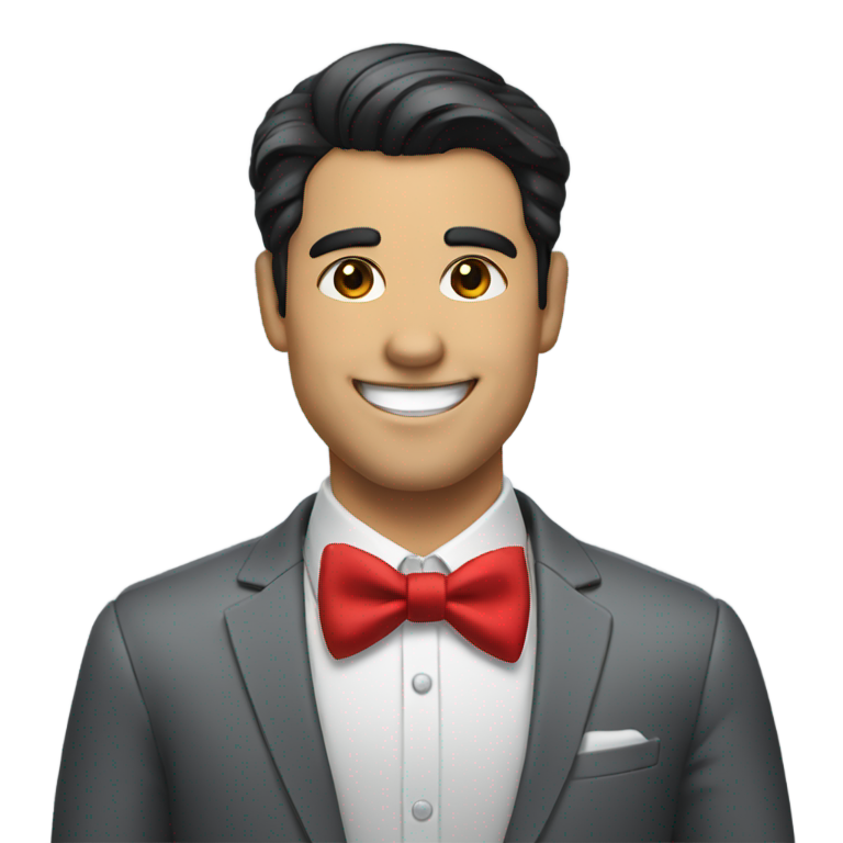 genmoji：红领结男士，灰色西装，黑色 slicked 头发，大笑