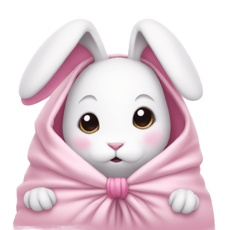 絵文字：white bunny with a pink bow on its head worried and nervous under a blanket