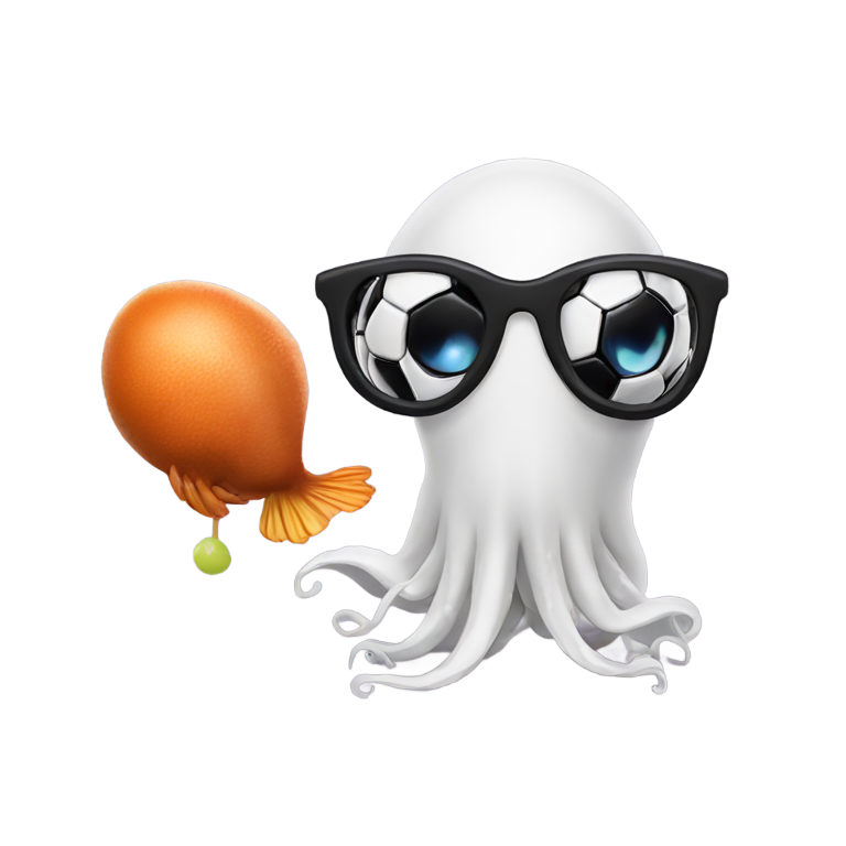 genmoji: squid with mustach holding a soccer ball and chicken wing