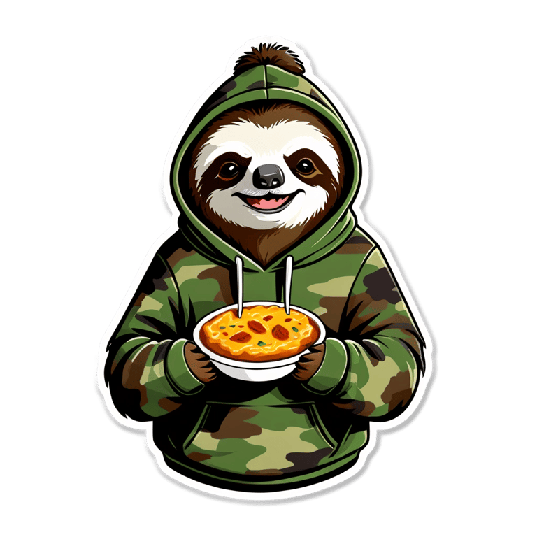 絵文字：カモフラージュのフードを着たナマケモノがバターチキンを食べる