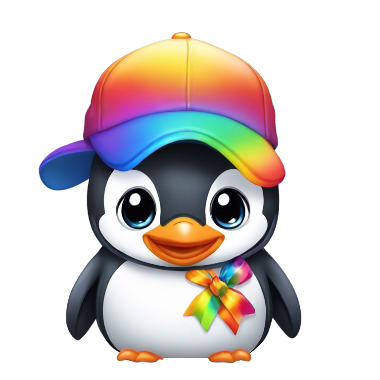 genmoji : Un bébé pingouin arc-en-ciel avec une casquette de baseball et un nœud en ruban
