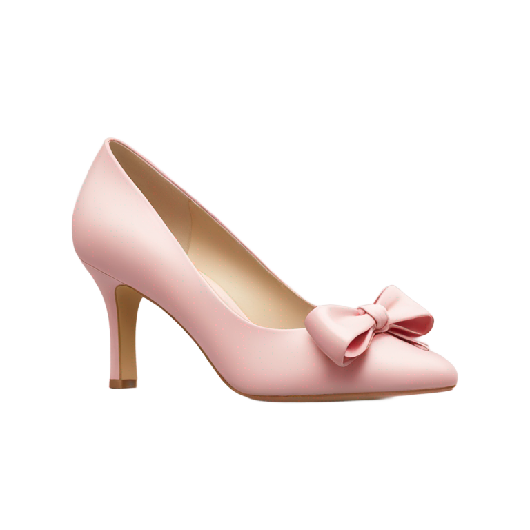 genmoji: Soft pink one set heels with a glossy finish, featuring delicate ribbon bows on the front, a rounded toe, and a slim, elegant heel — feminine and graceful.