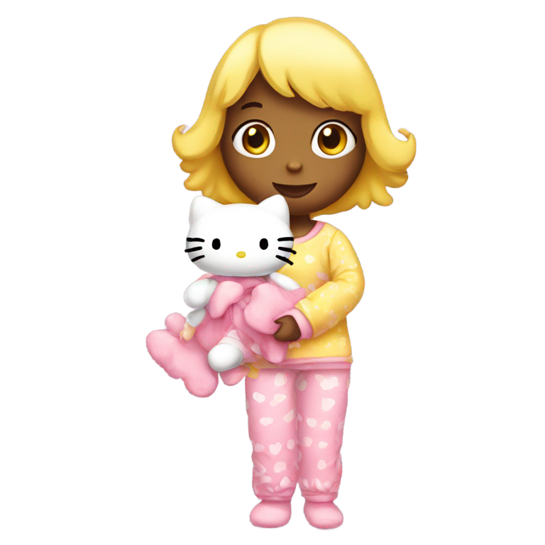 genmoji：小女孩穿着睡衣，抱着Hello Kitty玩具