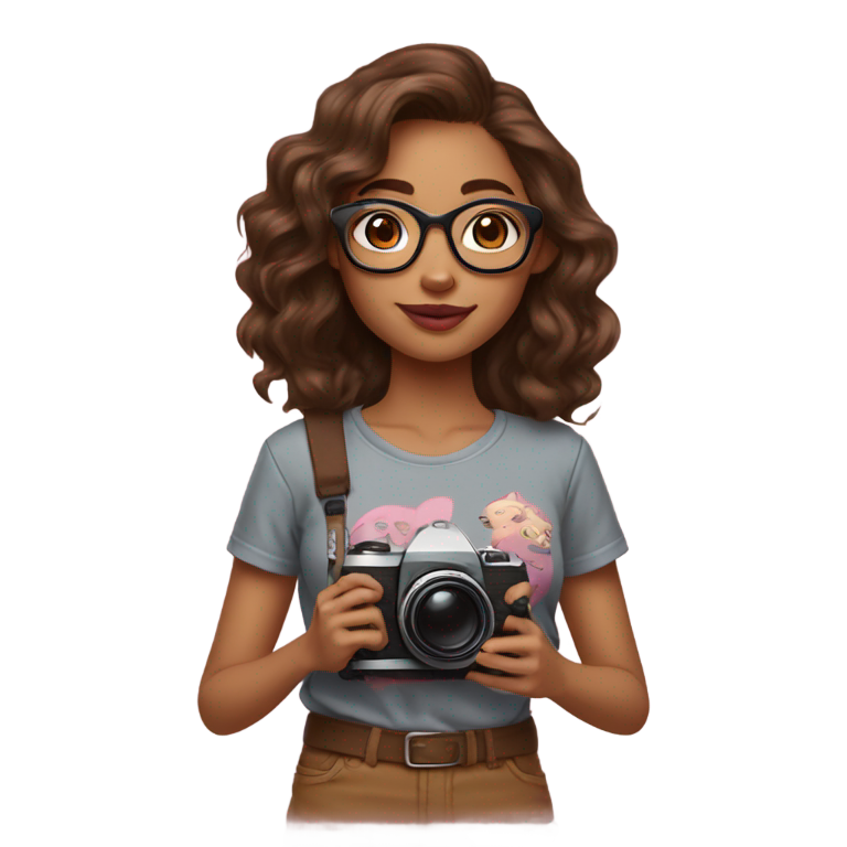 genmoji：一个戴眼镜、棕色皮肤、涂着粉红色唇膏的女孩，穿着电影主题T恤，留着长长的棕色波浪狼切发型，手持相机。