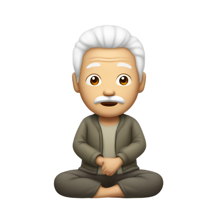 genmoji：老亚洲男子，头顶白色马尾辫，长白胡须，悬浮空中，双腿交叉而坐。