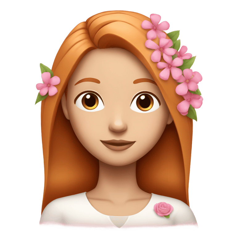 genmoji : Une fille rousse et blanche aux cheveux parfaits et lisses avec des fleurs roses.