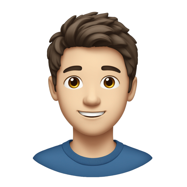 genmoji : A 15-year-old white male with dark brown hair, half-length to the eyebrow. Middle part cut longer. Blue sweater color. Smiling brown eyes where you can see his teeth. Low-angle shot stopping halfway down the stomach. He turns his head slightly to the right.
