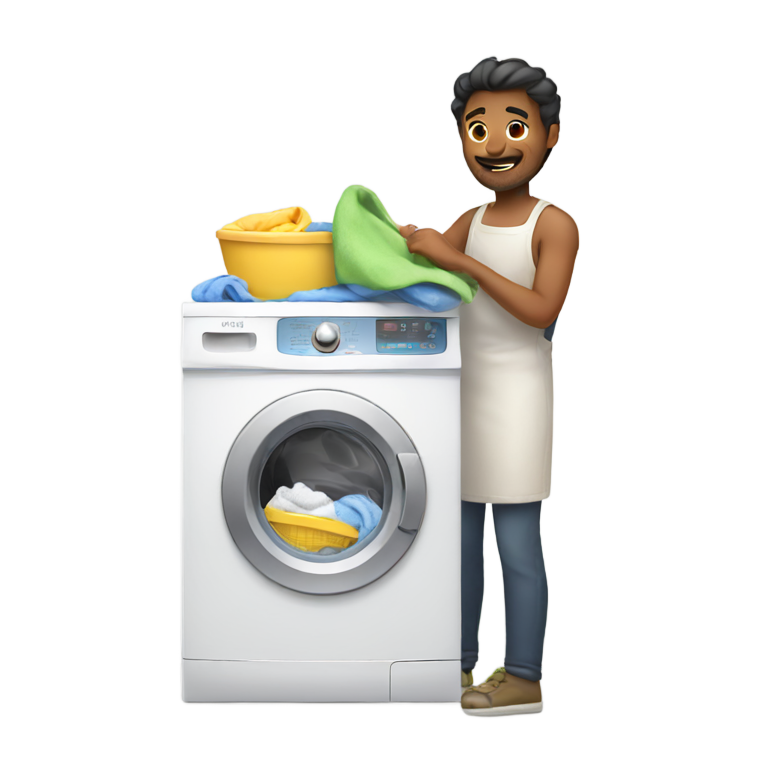 genmoji : Homme faisant la lessive et cuisinant