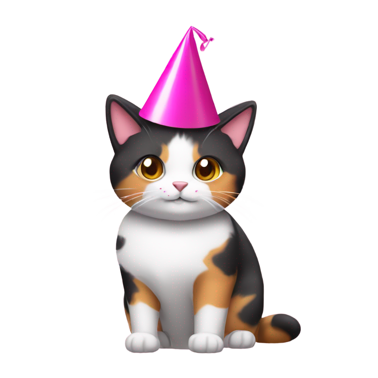 genmoji: Calico cat with a pink party hat on
