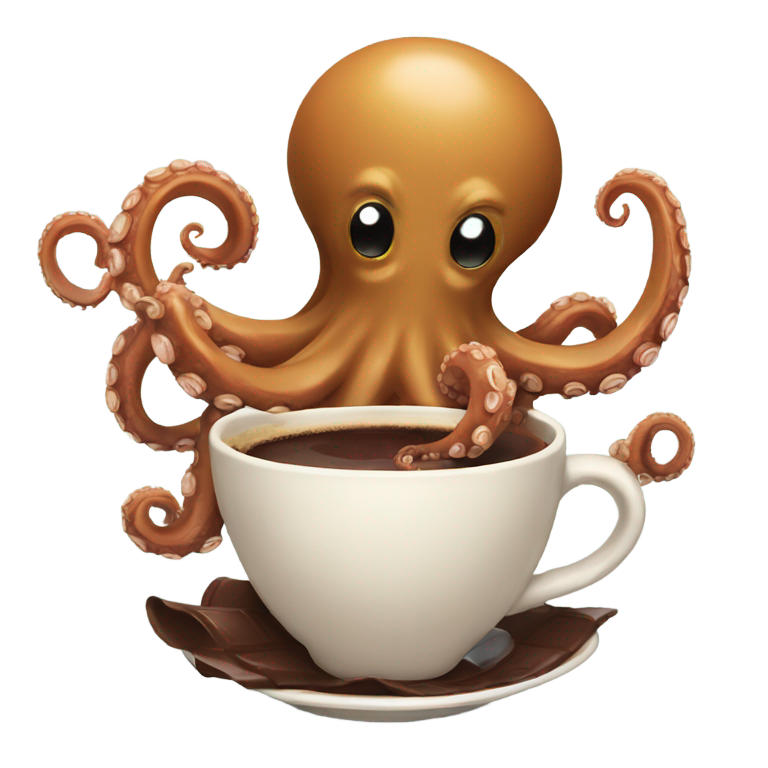 genmoji：一只章鱼在吃巧克力和喝咖啡，微笑。