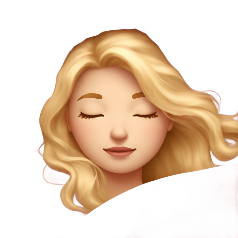 genmoji：girl with long blonde hair laying and peacefully sleeping underneath small light pink blanket