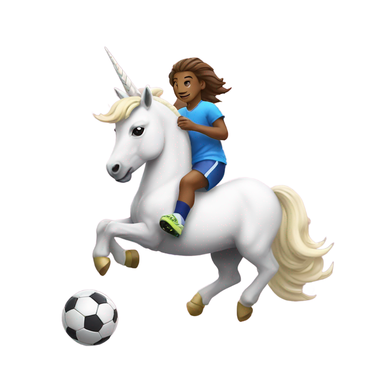 genmoji: A gu playing soccer on a unicorn