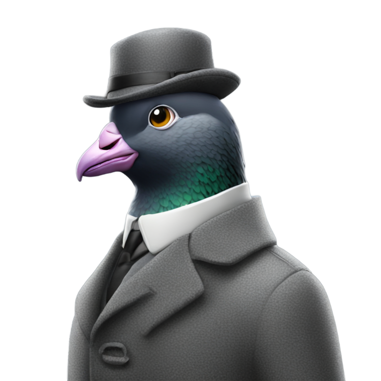 genmoji: make a pigeon that looks like a detective, like sherlock holmes, ok now from the front but make him wear a suit and coat with binoculars