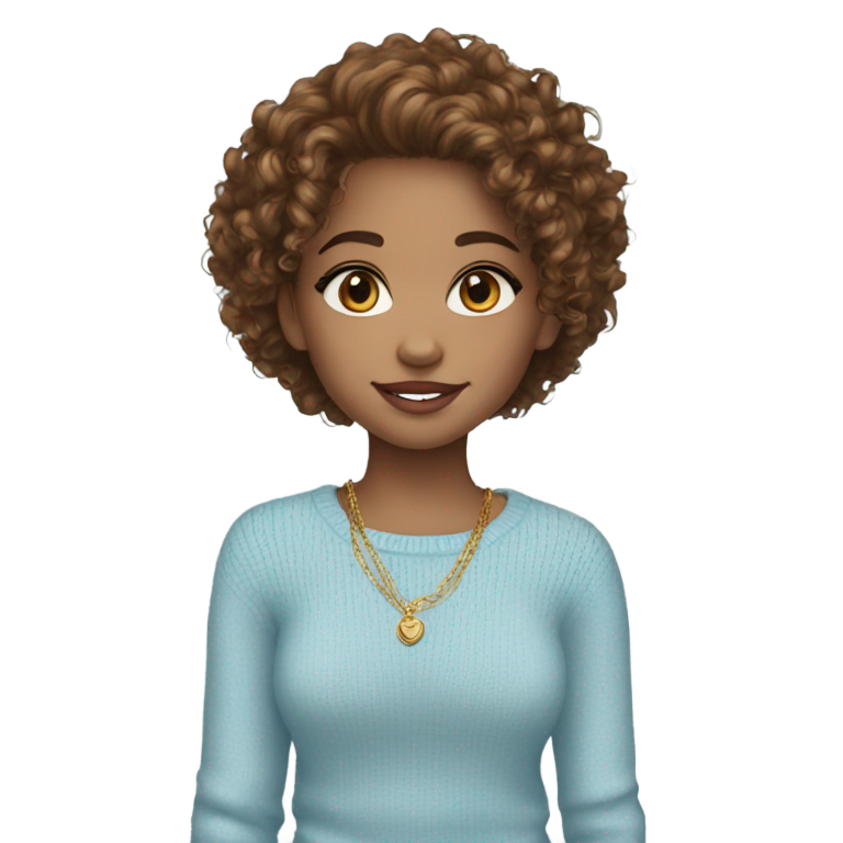 genmoji : Fille métisse, cheveux bruns bouclés, yeux bleus, bijoux en or, pull bleu clair.