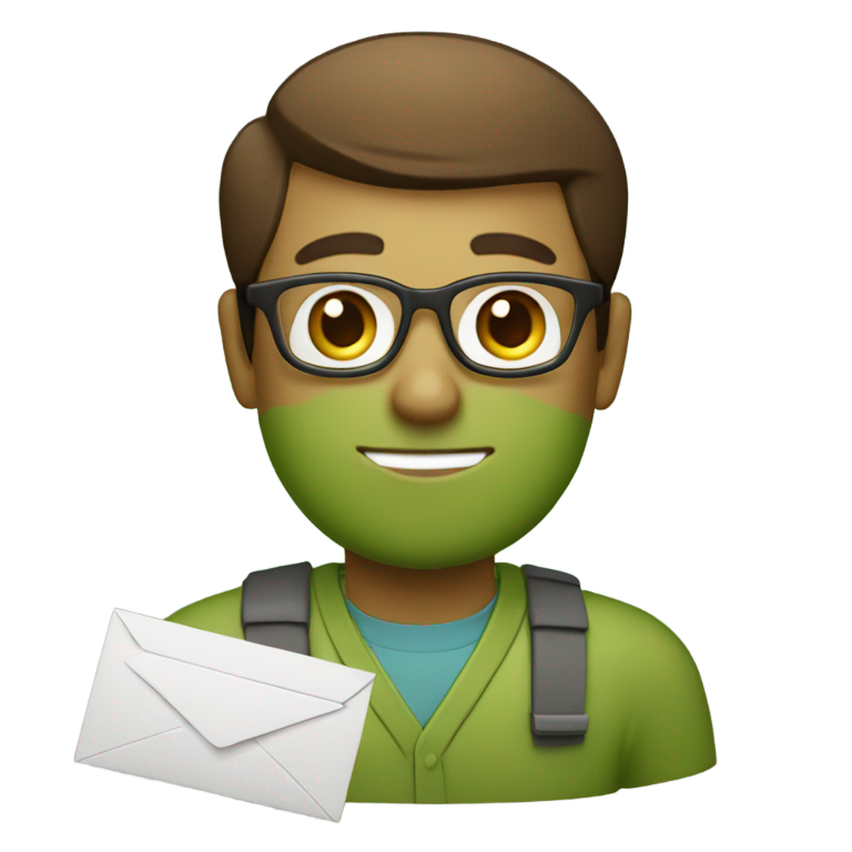 genmoji : Emoji d'un facteur brun couleur matcha portant des lunettes et tenant beaucoup de courrier