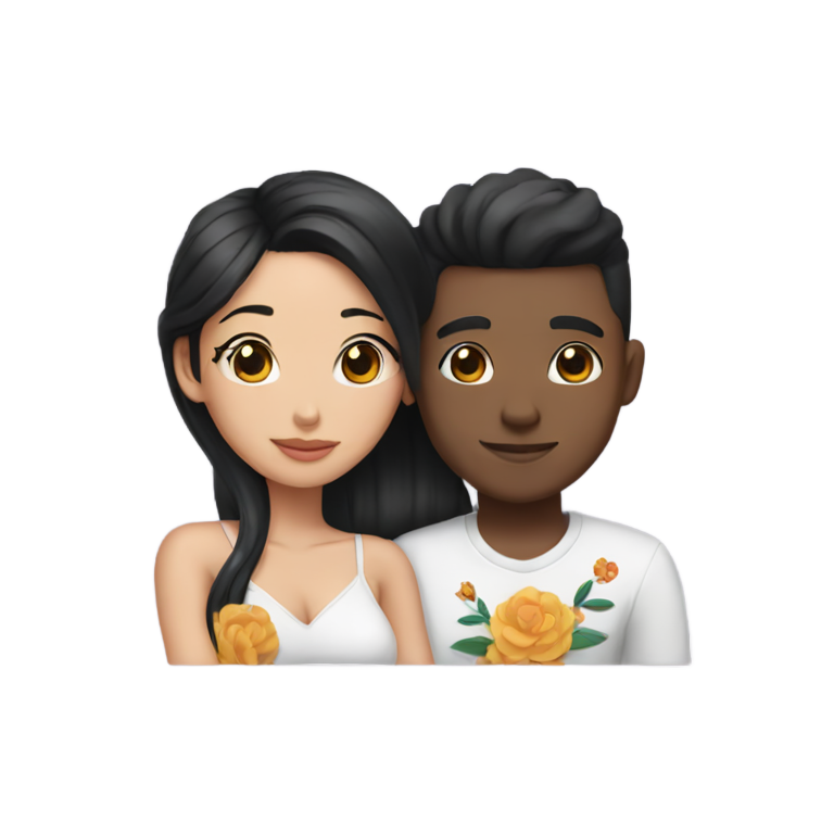 genmoji : Un homme noir avec une coupe en brosse haute et une femme coréenne aux longs cheveux noirs, aux petits yeux et aux tatouages de fleurs, s'embrassant.