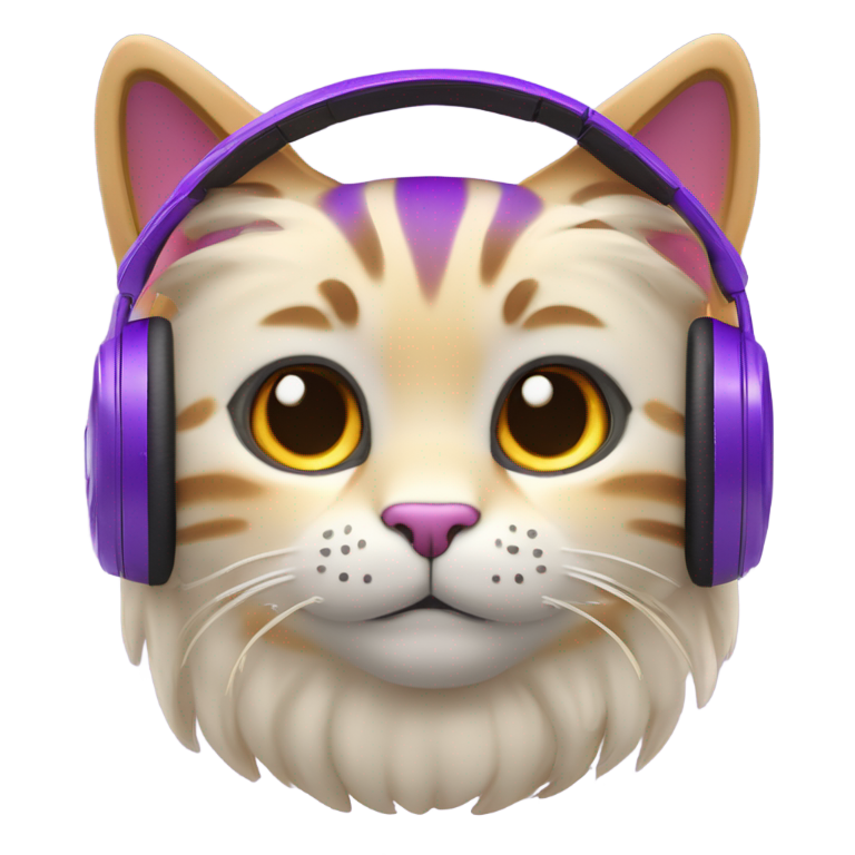 genmoji：3D毛绒猫头，暖奶油色毛，平静的淡褐色眼睛，覆盖耳航空耳机涂成纯紫色（#884DFF），带细长麦克风，可靠的表情；对称正面视图，苹果Memoji光效，毛绒微毛，透明背景，PNG 1024×1024