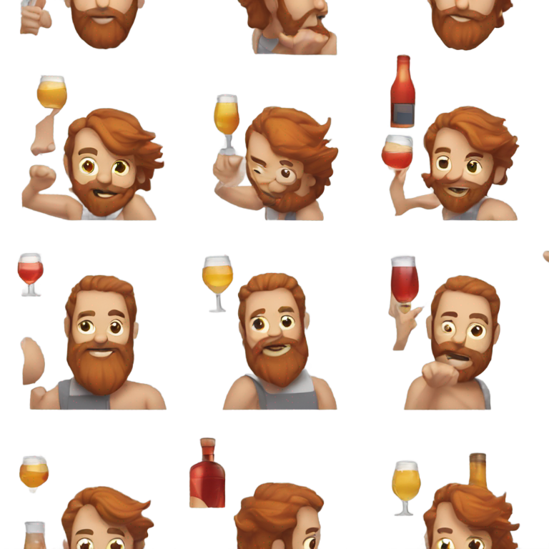 genmoji : Homme barbu avec une longue barbe rouge tenant une tablette avec de nombreux clichés d'alcool.