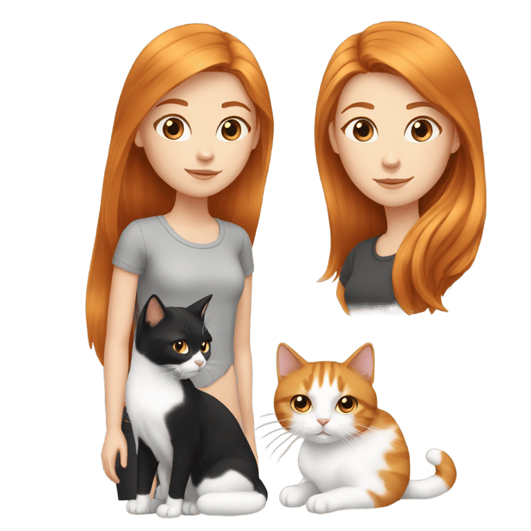 genmoji : Une fille rousse et blanche aux cheveux parfaits et lisses avec un chat noir et blanc.