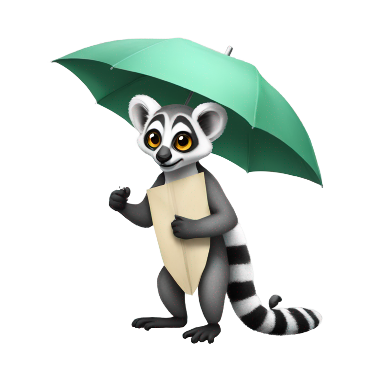genmoji: A lemur holding a poster in one hand and an umbrella in the othwr