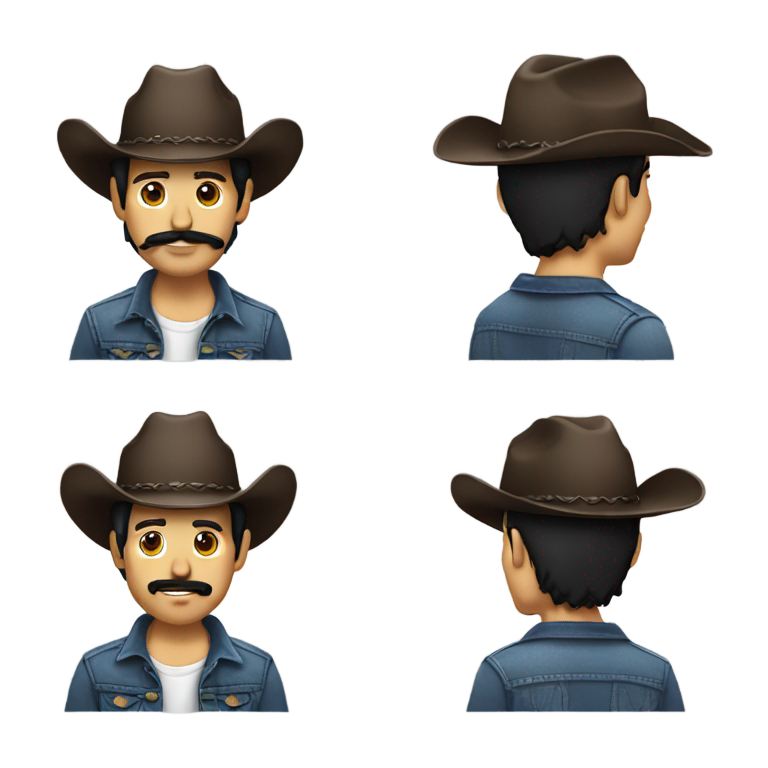 genmoji : He has ear length long dark brown black hair. He has mustache and beard very cute. Make him a cowboy with a Jean hat and Jean jacket holding ice cream cone thank you