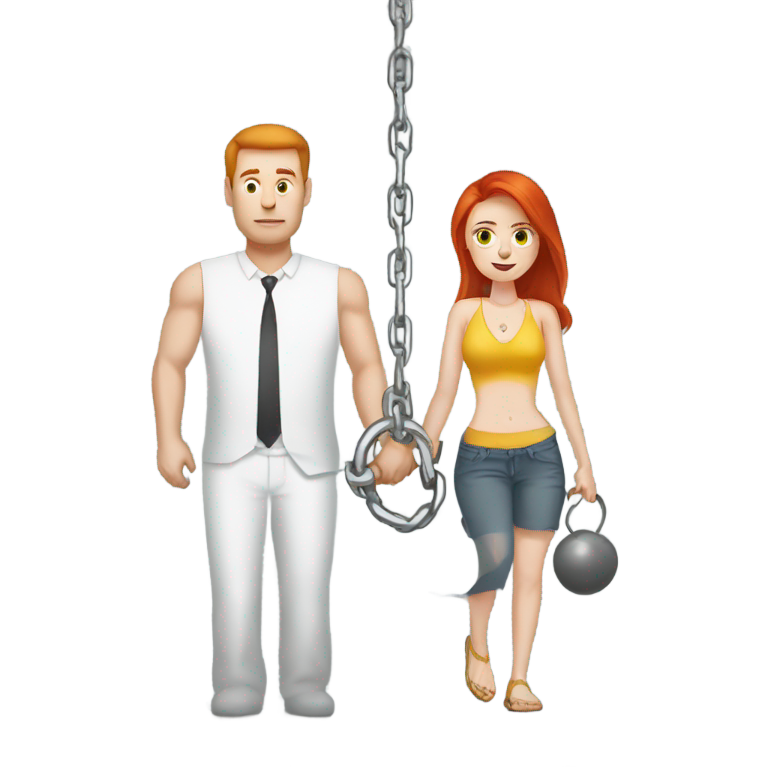genmoji：White Man weighed down by ball and chain redhead woman