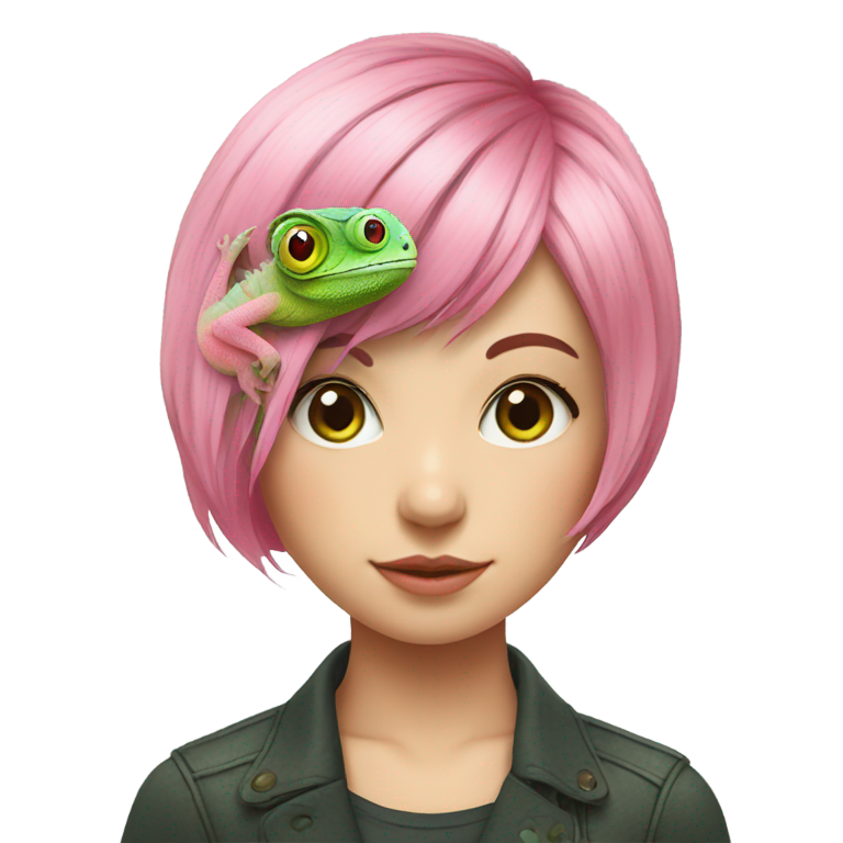 genmoji : Caméléon sur une fille aux cheveux roses courts et à l'œil vert