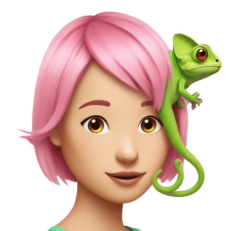 genmoji : Caméléon sur la tête d'une fille aux cheveux courts roses