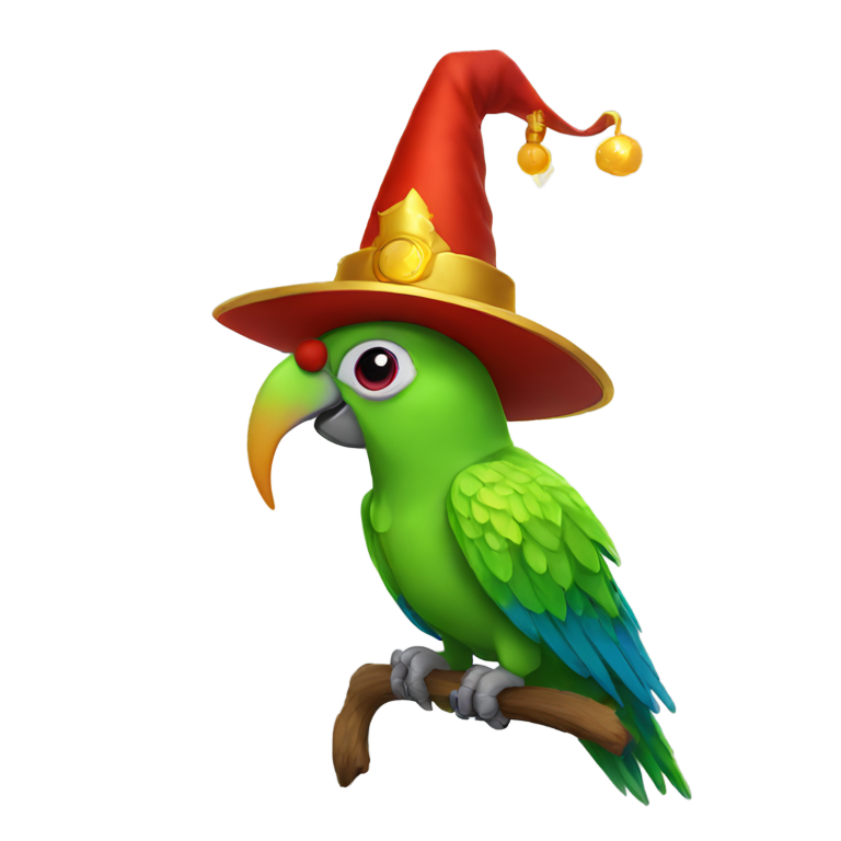 genmoji: Magical parrot with wizard hat,