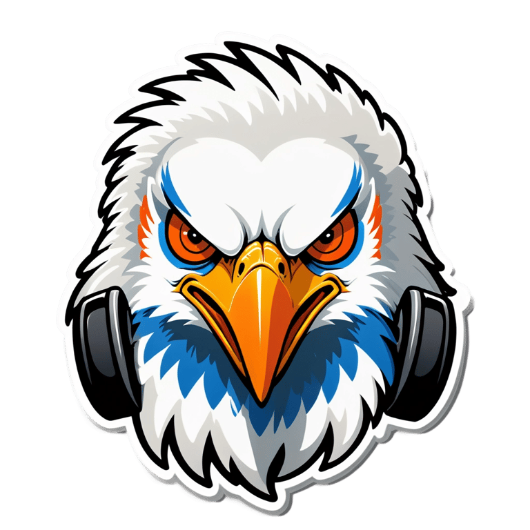 genmoji : Méchant aigle blanc avec un bec orange et des écouteurs earpods dans les oreilles