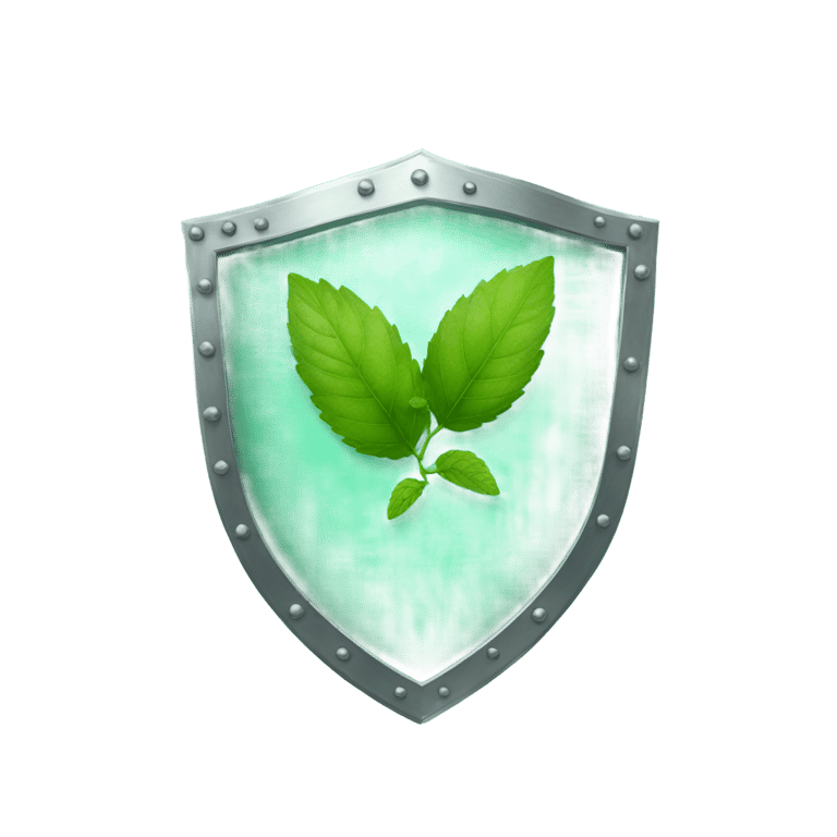 絵文字：a metal shield with mint leaves behind it