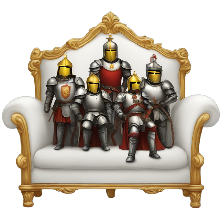 genmoji: 5 knights in white standing behind a king on a sofa