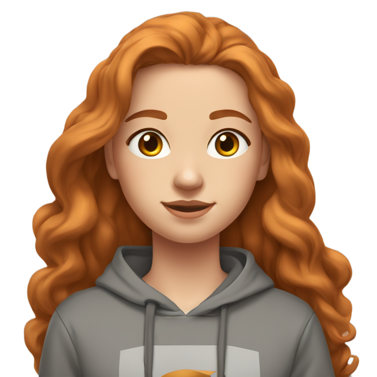 genmoji：14岁女孩，穿着舒适的灰色耐克连帽衫，留着长长的波浪形姜黄/深姜黄色头发，淡褐色眼睛，摆姿势。