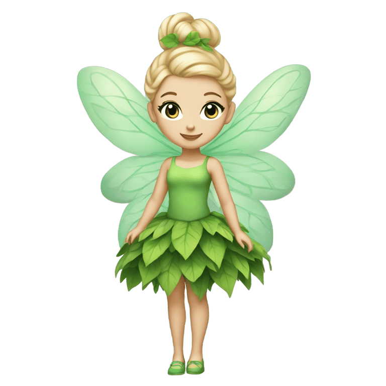 絵文字：A fairy with a light skin tone, blue eyes and blonde hair tied up in an elegant bun. She wears a green dress made of leaves and a cotton ball in each of her green shoes