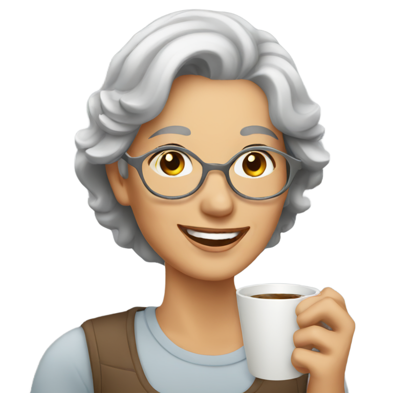 genmoji: Gray haired woman smiling and drinking coffee.