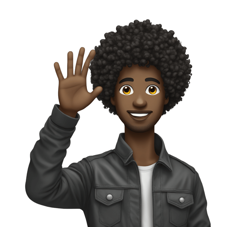 genmoji : dark skin, black hair afro curly man Raising Hand, street wear style