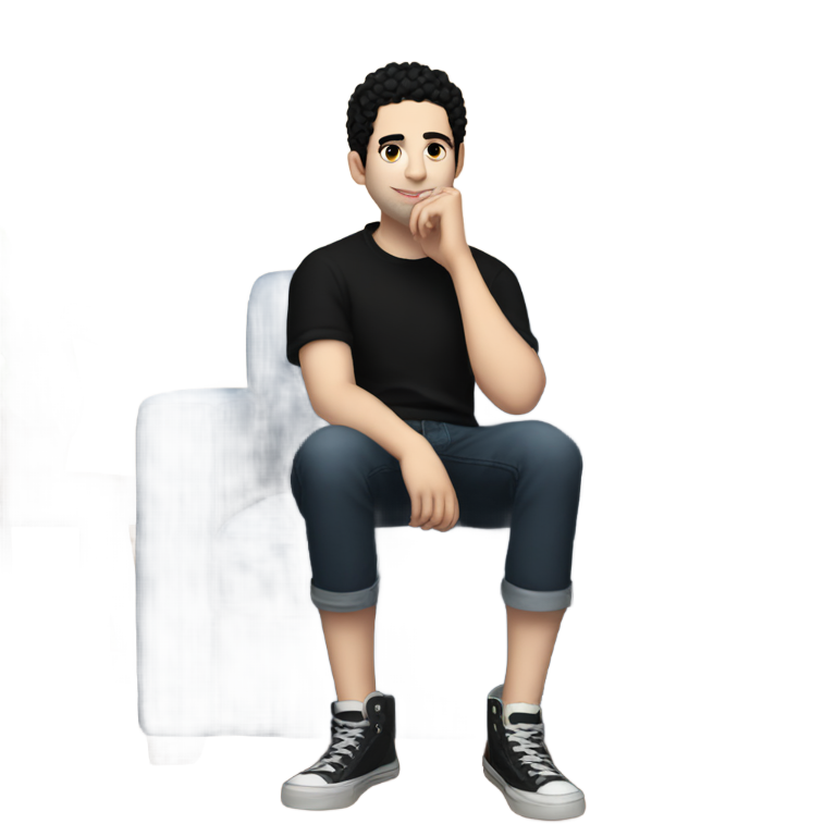 genmoji : Samm Levine portant des shorts et des chaussures noires, assis sur le canapé.