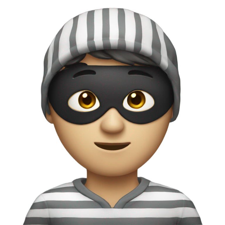 genmoji : Un voleur en combinaison rayée grise et blanche avec un masque noir sur les yeux.